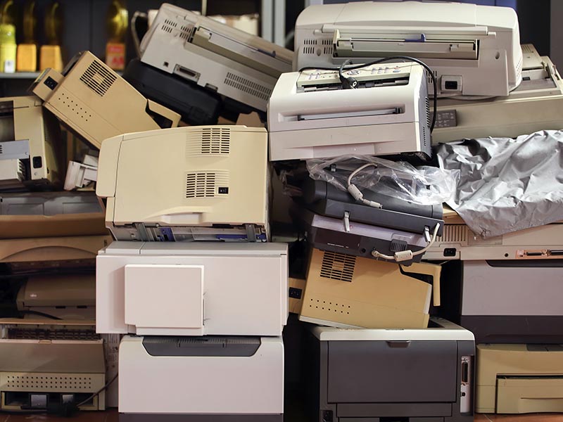 Old electronics stacked on top of each other.