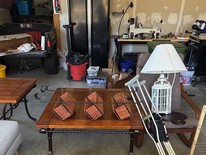 Cluttered garage space.